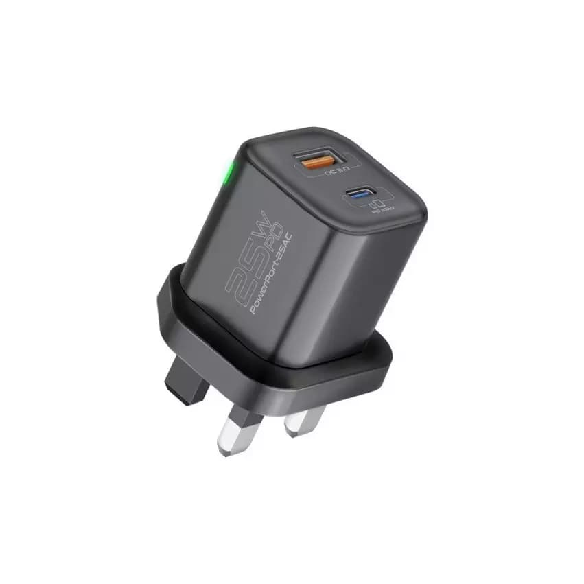 رأس شاحن بمنفذ تايب سي ومنفذ USB بقدرة 25 واط أسود
